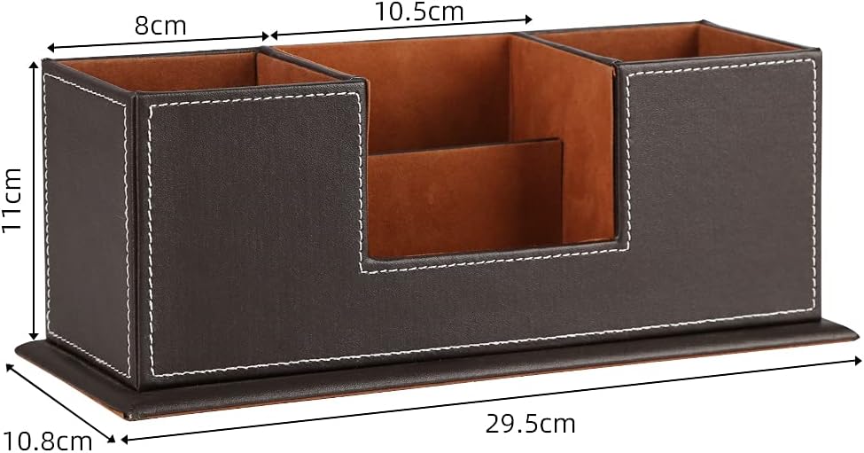 KINGFOM™ Double Holder Wood Leather Multi-Function Desk Stationery Organizer Dark Brown