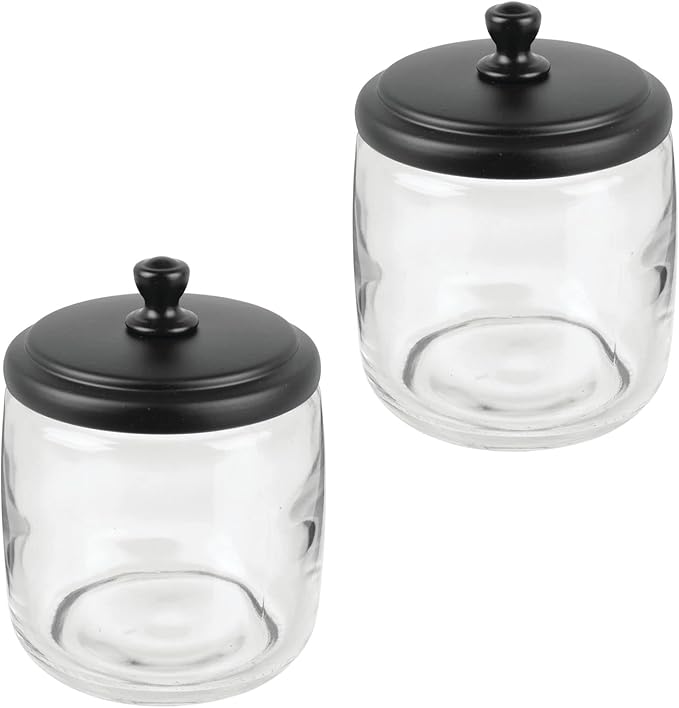 mDesign Small Apothecary Organizer Canister Jars - Glass Containers with Steel Lid for Bathroom, Organization Holder for Vanity, Counter, Hamill Collection - 2 Pack - Clear/Black