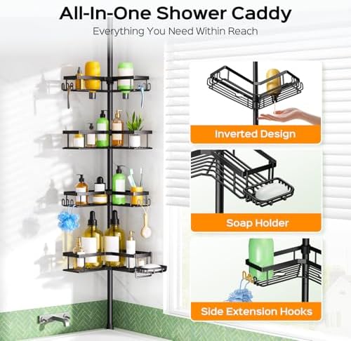 HAMITOR Shower Caddy Tension Pole: 4-Tier Corner Rustproof Bathroom Organizer with Soap Holder & Hooks - No-Drill Adjustable Shower Shelf for Renters - Family Stand Storage Rack - 47-123 Inch Black