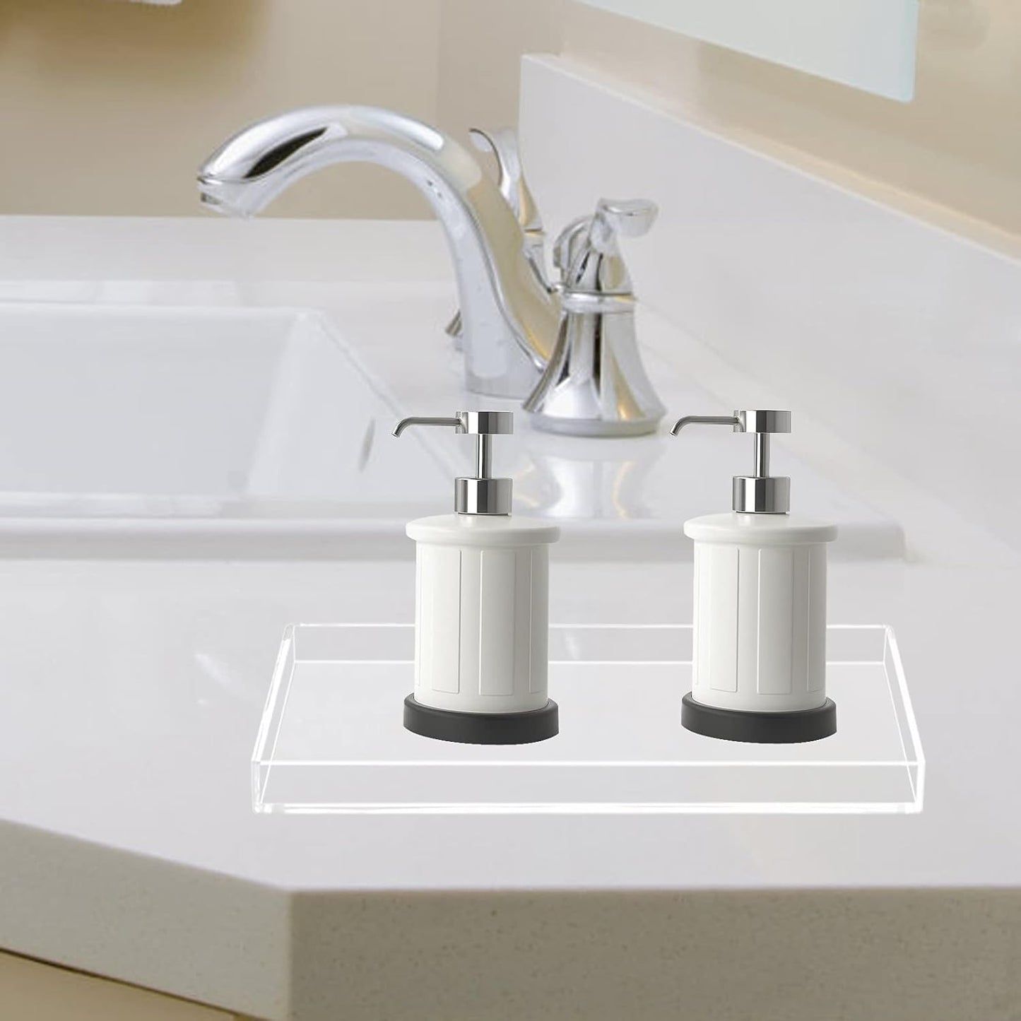 Bigfety Acrylic BathroomTray for Counter, Handmade Clear Trays Sturdy Organizer for Cup, Sponge, Soap, Plant (Large, Clear)