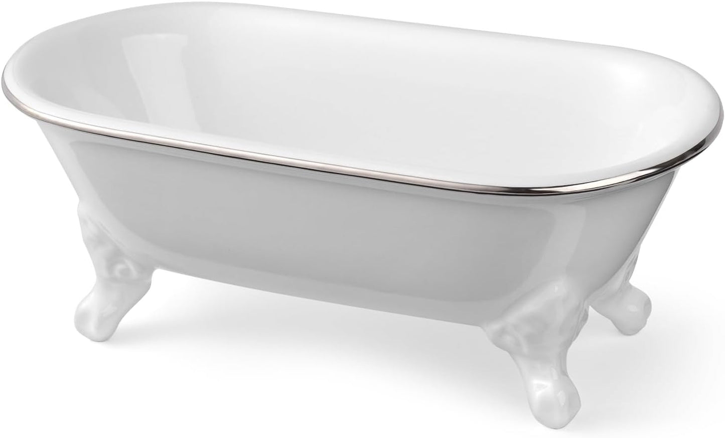 6.5" Ceramic Mini Decorative Clawfoot Bathtub Bar Soap Dish, Kitchen Sponge Holder and Shower Tray for Bathroom, 1 Pack (White Silver Rim)