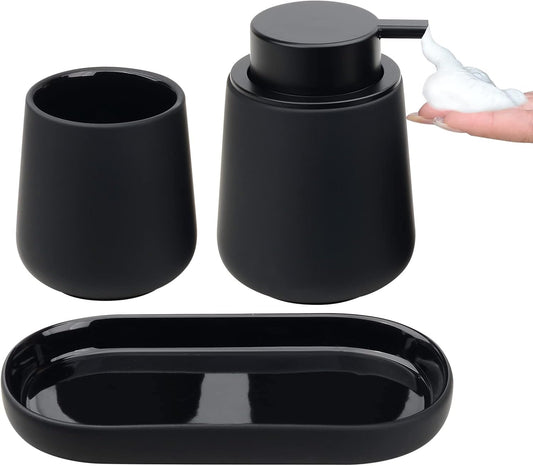 Black Bathroom Accessories Set 3 pcs - Ceramic Foaming Bathroom Soap Dispenser Set Farmhouse Black Bathroom Decor, Foam Soap Dispenser and Toothbrush Holder/Tumbler Cup, Tray