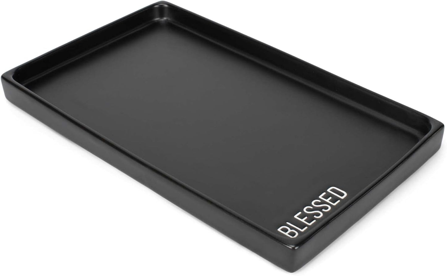 NAT & Jules Blessed 10 x 6 inch Ceramic Stoneware Vanity Tray - Perfect Bathroom or Kitchen Counter Organization Décor: Sponge Holder, Soap Dish, Jewelry and Perfume Tray, Blessed Black
