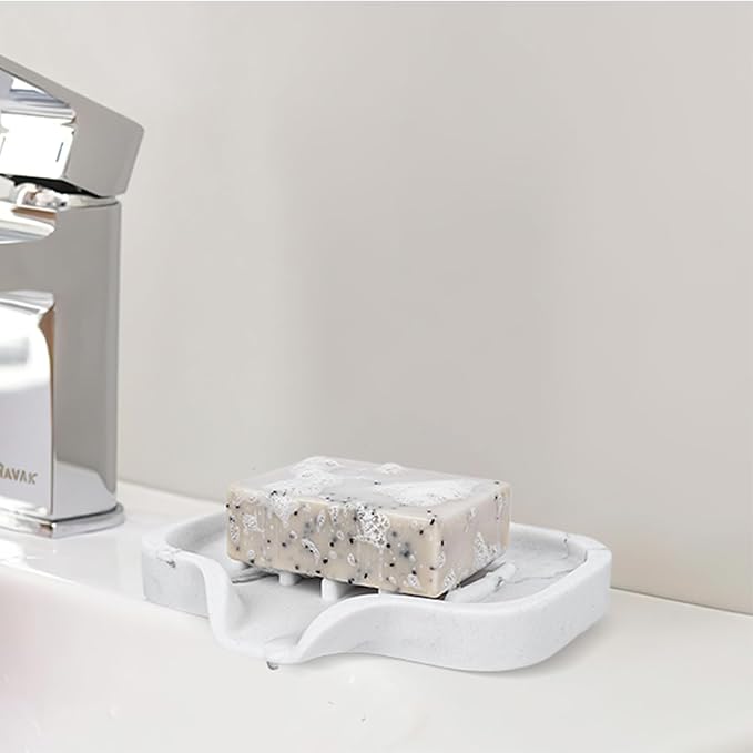 Self Draining Soap Dish- Bar Soap Holder for Shower, Marble Design Large Soap Savers Soap Tray Sponge Holder for Kitchen Bathroom Bathtub Sink, White