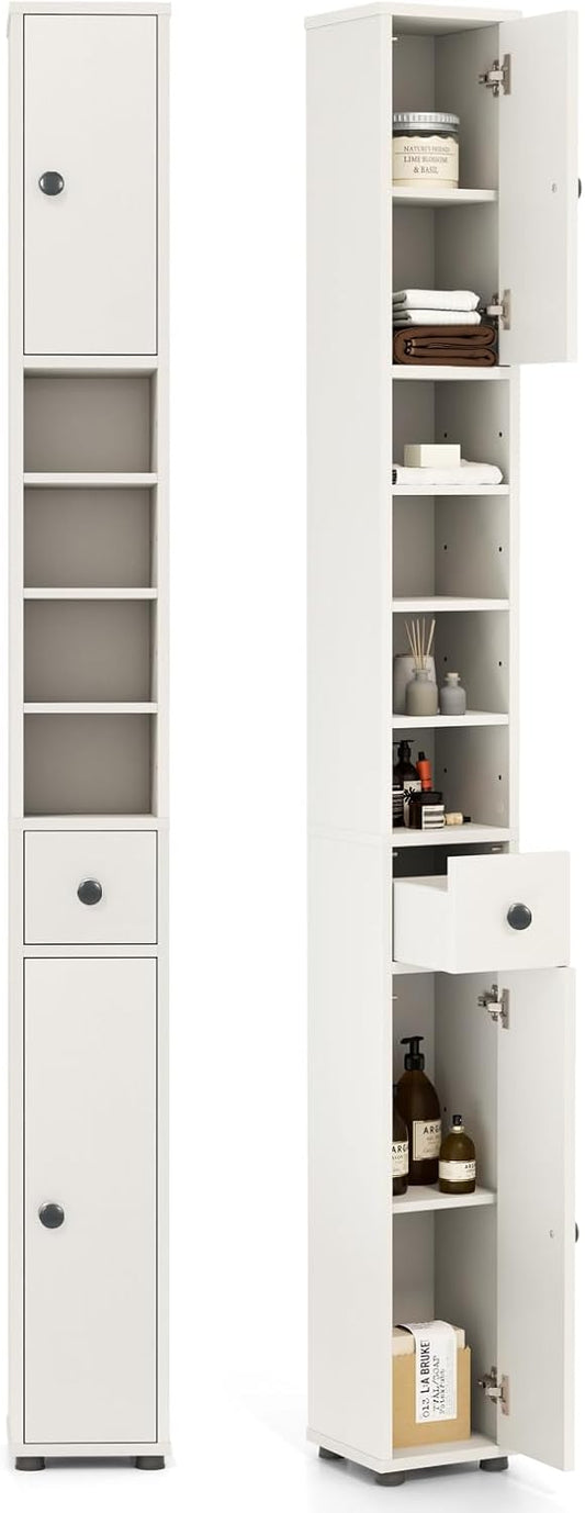 71" Tall Narrow Bathroom Storage Cabinet, Modern Skinny Toilet Paper Storage Organizer w/1 Drawer, 2 Doors & 5 Adjustable Shelves, Slim Tower Floor Cabinets for Small Spaces