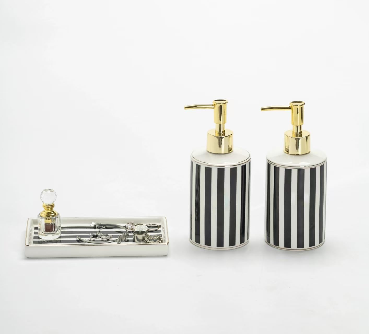 Luxury Black & White Ceramic Soap Dispenser Set with Gold Pump – 3-Piece Bathroom & Kitchen Accessories Set with Tray, Refillable Lotion & Dish Soap Pump Bottles, Elegant Modern Home Décor