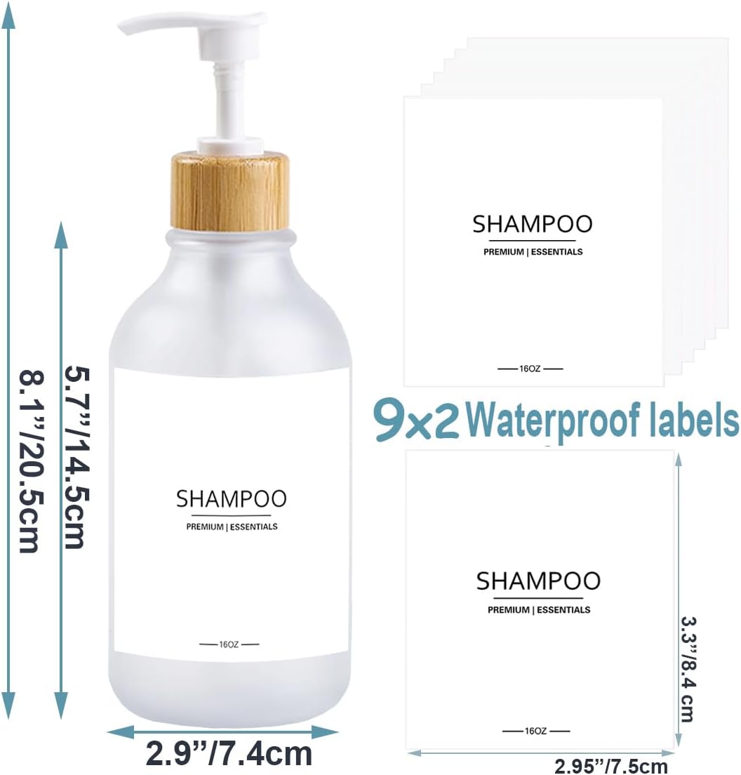 Frosted Plastic Shampoo and Conditioner Bottles, Apothecary Dispenser Bamboo Pump, Refillable Bottles for Shower Lotion, Oil, Hand Soap, Sanitizer, Liquid Soap, Set of 3 with 9 Labels (6, Matte Clear)