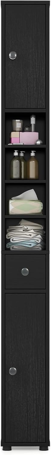 71" Tall Narrow Bathroom Storage Cabinet, Modern Skinny Toilet Paper Storage Organizer w/1 Drawer, 2 Doors & 5 Adjustable Shelves, Slim Tower Floor Cabinets for Small Spaces