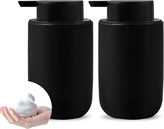 Foam Soap Dispenser Set - 2 Pack Black Ceramic Foaming Dish Hand Soap Dispenser with Black Pump for Bathroom, Bathroom Dispenser Set for Modern Home Farmhouse Decor