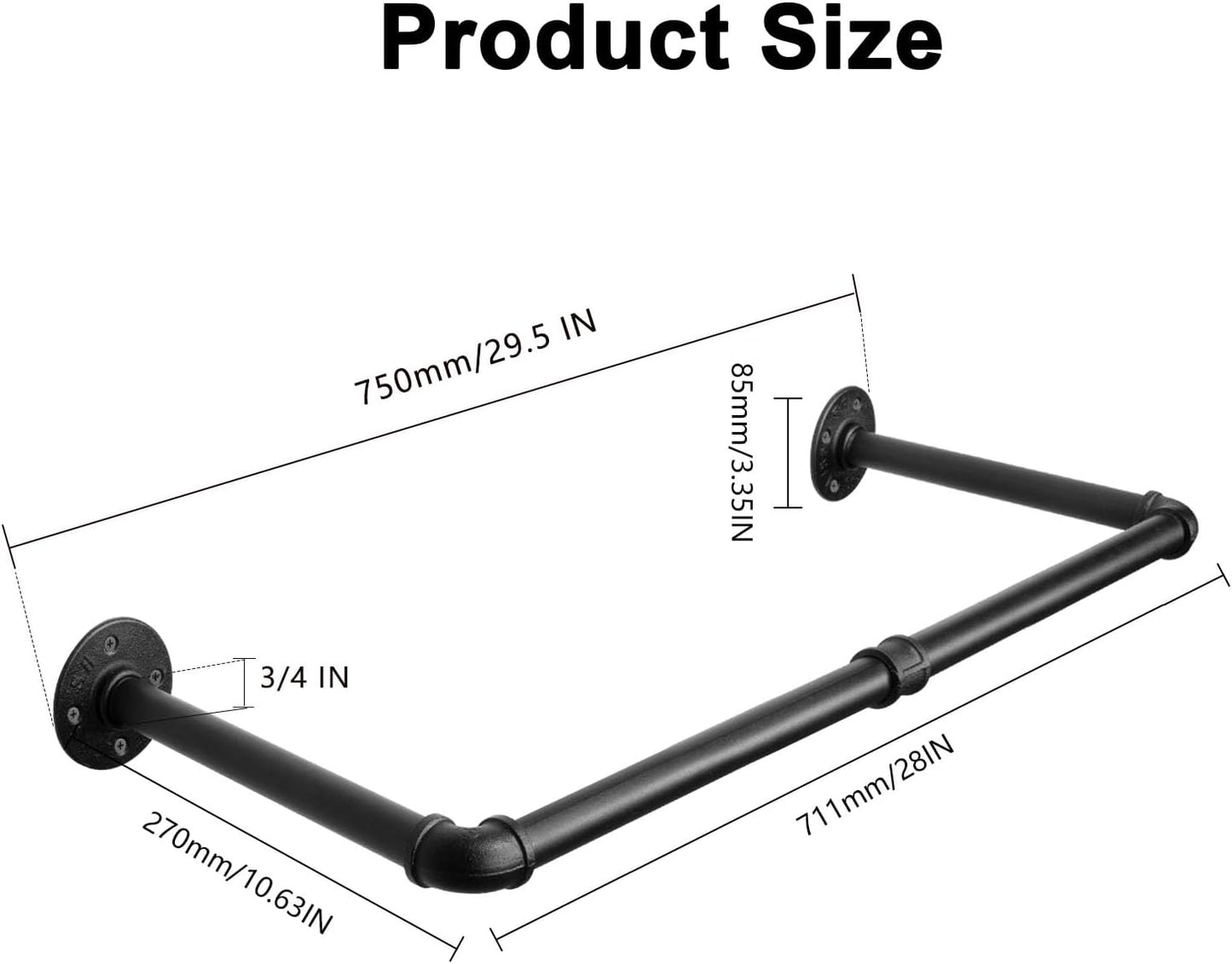 Industrial Iron Pipe Clothes Hanging Bar DIY Wall-Mounted Garment Rack Heavy Duty Clothing Rack for Bedroom, Laundry Room, Closet Storage (Black 28 inch)