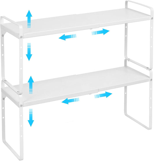 Set of 2 Expandable Cabinet Shelf Organizer, Stackable Kitchen Countertop Shelves Spice Racks, Small Storage Shelf For Cupboard Counter Tabletop, 30 LBS Heavy Duty, Adjustable, 11.8" to 17.7" Long
