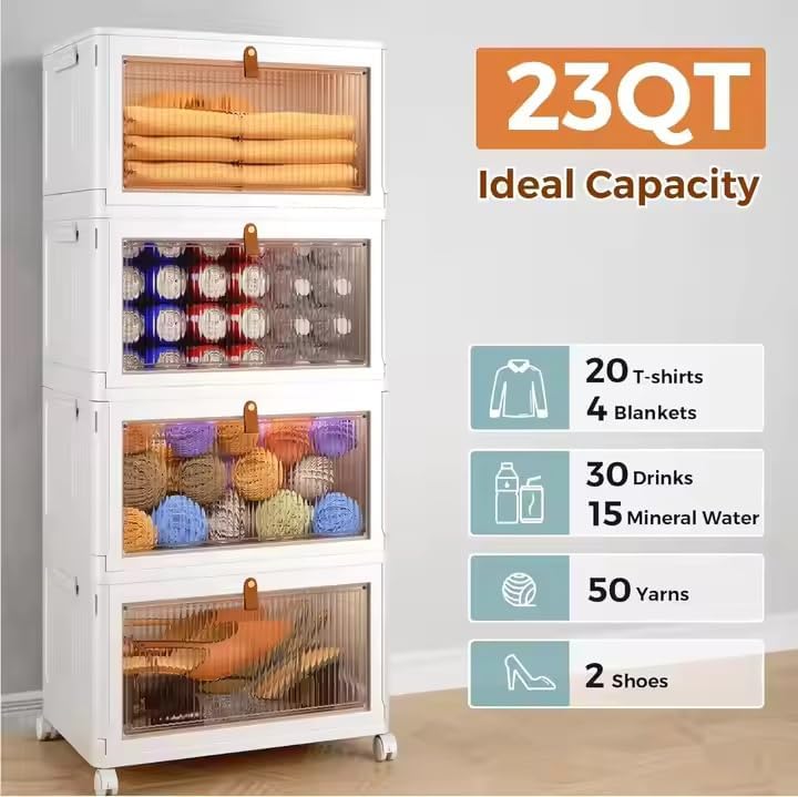 4-Tier Foldable Plastic Drawer Storage with Wheels,Stackable Storage Bins with Lid,Organization and Storage Boxes for Kitchen,Cloakroom,Closet,Living Room,Office and Dorm