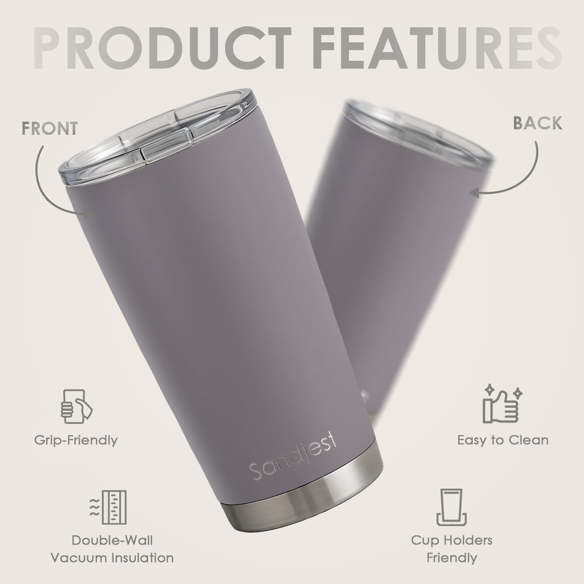 SANDJEST Gray Tumbler 20oz Stainless Steel Double Wall Vacuum Insulated, Travel Coffee Cup, Gifts for Men Women Birthday Christmas