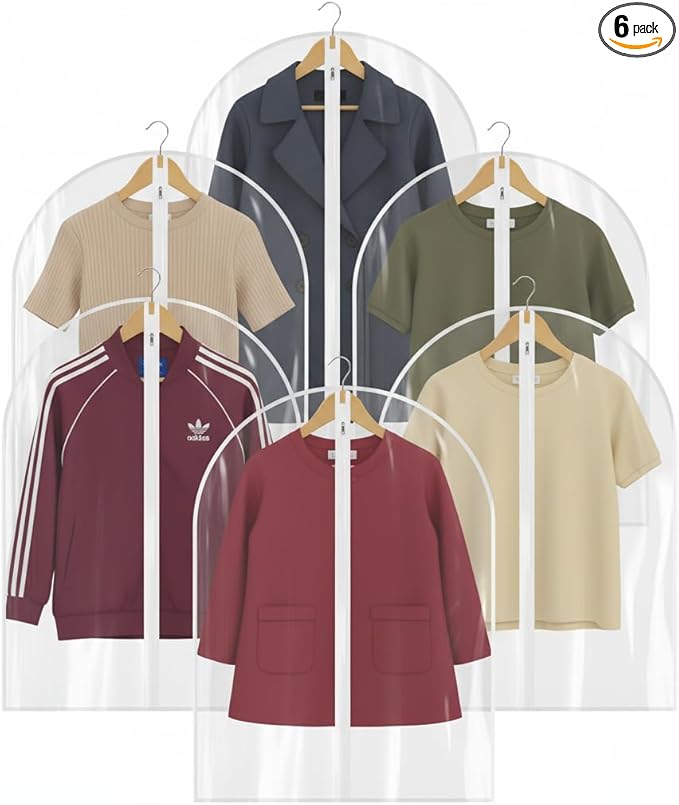 All Clear Garment Bags for Travel - 32” PEVA Waterproof Suit Cover with Zipper for Hanging Clothes, Shirts, Sweaters - Durable Dresser for Closet Storage, Dustproof & Moisture Resistant - 32”/6 Pack