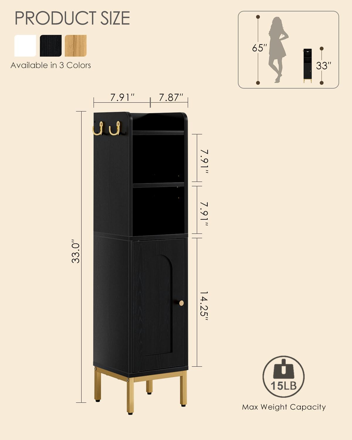Bathroom Storage Cabinet, Small Corner Floor Hutch with 2Hooks,Narrow Toilet Paper Cabinet with Adjustable Shelf,Morden Bathroom Organizer for Small Spaces,Black