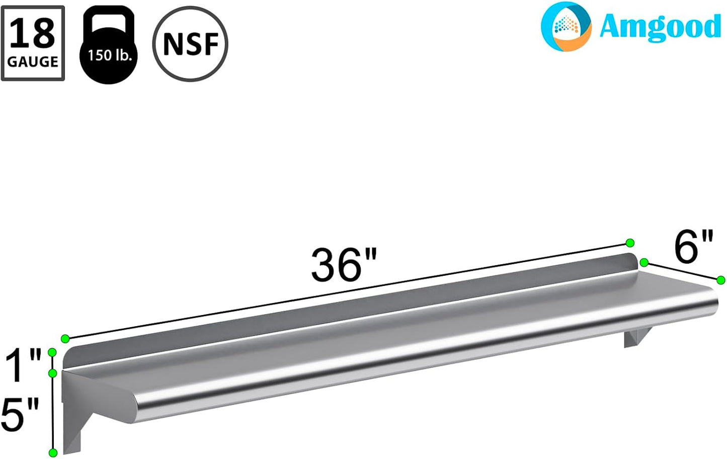 AmGood 36" Long X 6" Deep Stainless Steel Wall Shelf | NSF Certified | Appliance & Equipment Metal Shelving | Kitchen, Restaurant, Garage, Laundry, Utility Room