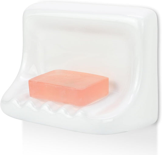 Shower Wall Soap Holder & Ceramic Soap Dish - Fits 4x4 Inch & Any Tile Walls, Heavy-Duty Flat-Back Design with Drainage Slope, No-Slip, Classic White
