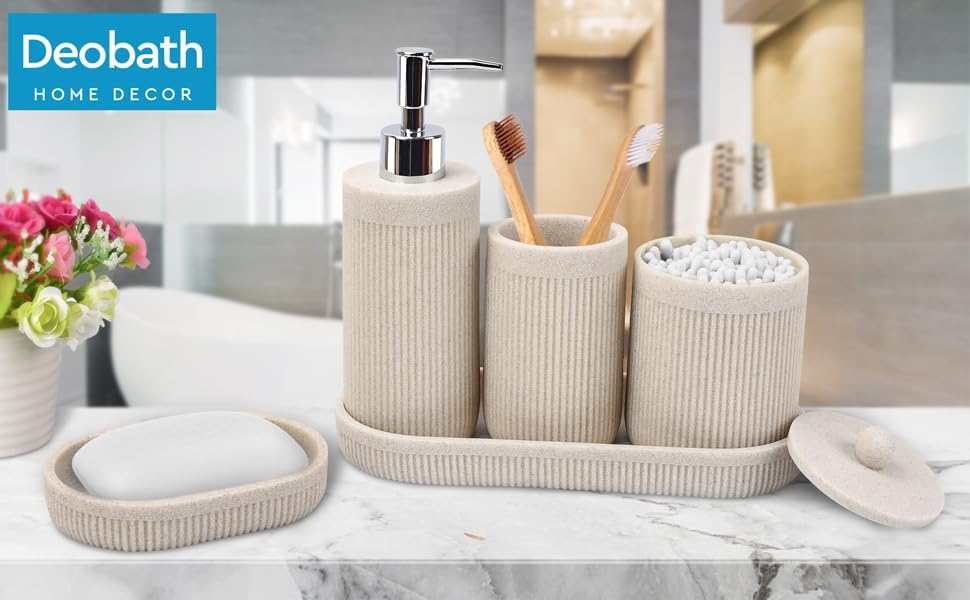 Bathroom Accessory Set 5Pcs- Lotion Soap Dispenser,Toothbrush Holder,Qtip Holder Dispenser,Vanity Tray and Soap Dish-Modern Bathroom Decor Vanity Countertop Organizer,Beige