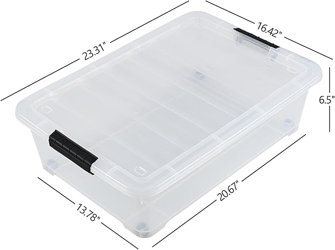 Gloreen 25 Quart Plastic Underbed Storage Container with Wheels, Clear Under Bed Storage Box Bins, 3-Pack