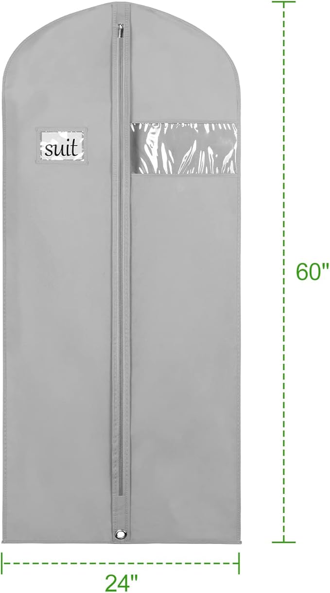 KEEGH Garment Bags for Hanging Clothes 60" (Set of 6) Dress Bags for Gowns Long Dress Bags for Closet Storage with Zipper and Eye-Hole for Folding for Suit Coats Dresses, Grey