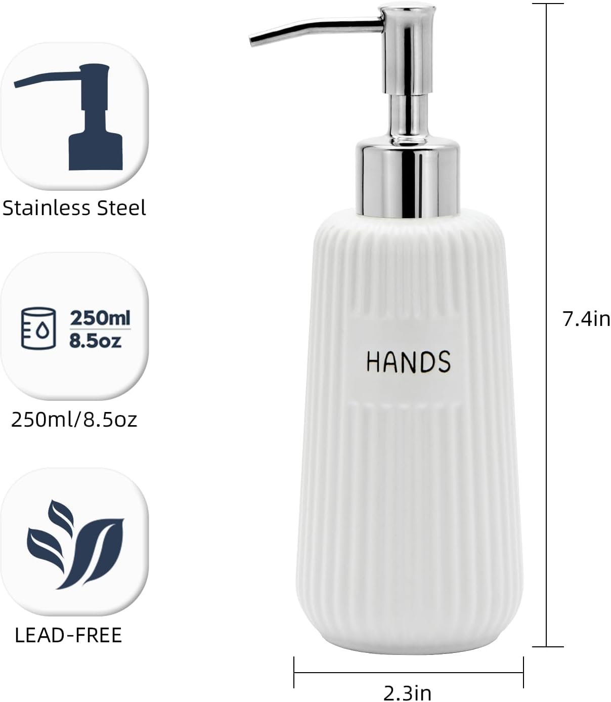 Kitchen Soap Dispenser Set with Stainless Steel Pump and Funnel, Modern Ceramic Refillable Hand and Dish Soap Dispenser Set for Kitchen, Bathroom, Office, Hotel, Matte White
