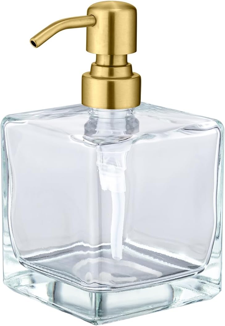 Square Bathroom Soap Dispenser Brushed Gold, 16 oz Glass Bottles with Stainless Steel Pump Retangle Cube Liquid Large Capacity Soap Dispenser Kitchen