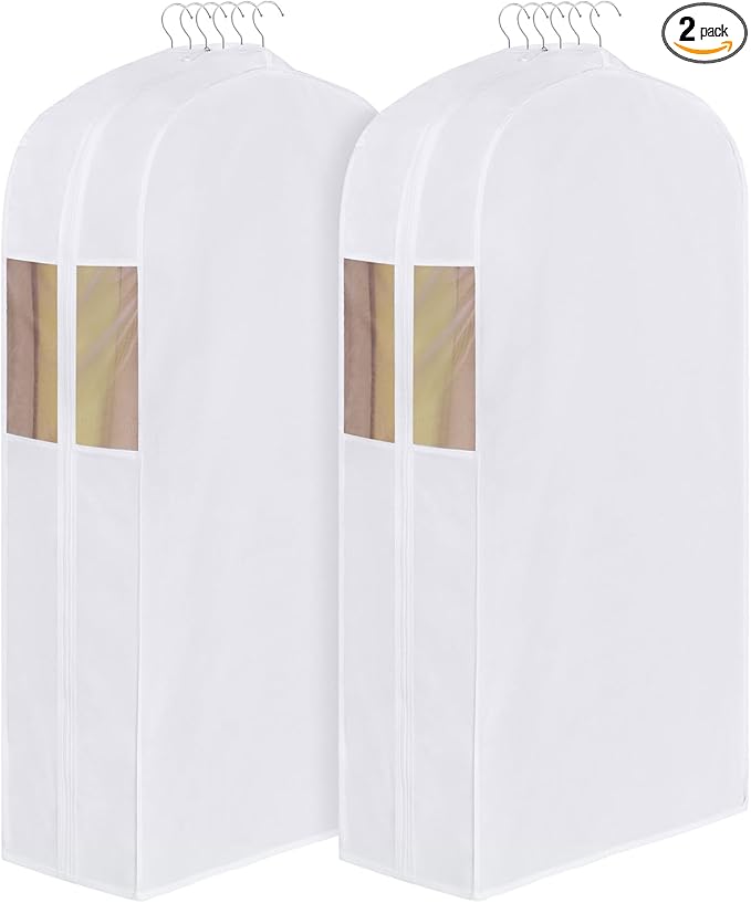 Univivi Premium Cotton Garment Bags for Hanging Clothes and Storage, 50 Inch Washable Suit Cover Bag with Extra Large 10" Gusset & Clear Window - Perfect for Suits, Coats, Jackets - 2 Pack