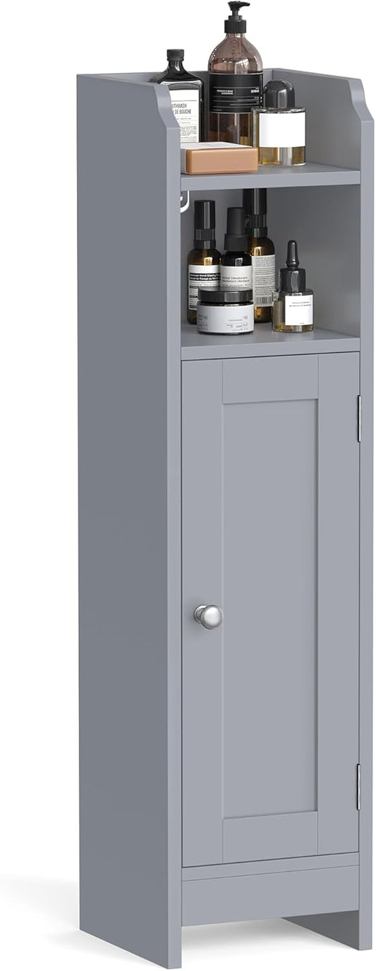VASAGLE Small Storage Corner Floor Cabinet with Door, 7.9 x 7.1 x 31.5 Inches, Narrow Toilet Paper Storage Holder, Adjustable Shelves, for Bathroom, Living Room, Small Spaces, Dove Gray UBBC310P36