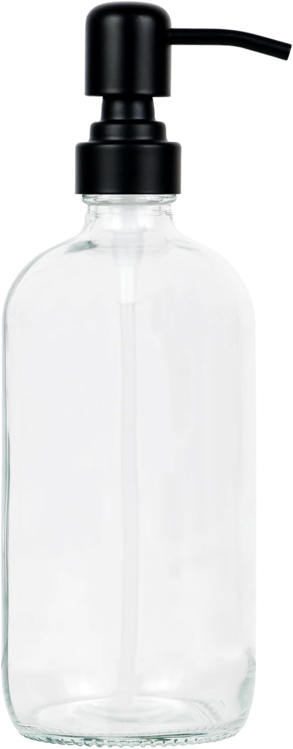16 oz Refillable Glass Soap Dispenser with Black Rustproof Stainless Steel Pump, Glass Soap Dispenser for Hand Soap, Lotion, for Kitchen and Bathroom (Amber) (Clear)