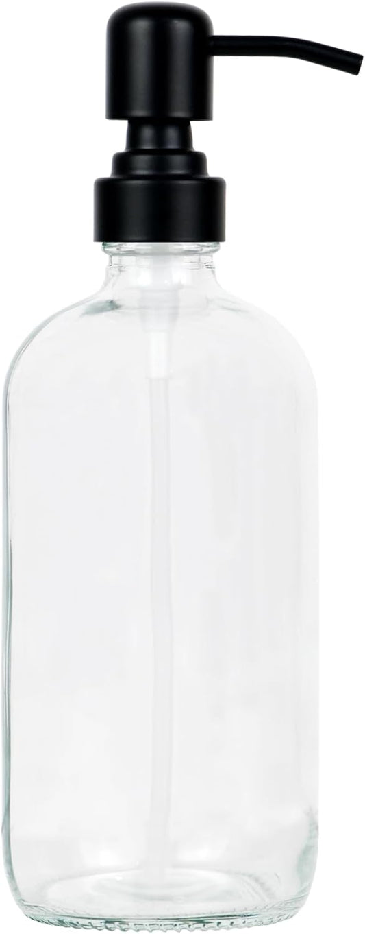 16 oz Refillable Glass Soap Dispenser with Black Rustproof Stainless Steel Pump, Glass Soap Dispenser for Hand Soap, Lotion, for Kitchen and Bathroom (Amber) (Clear)