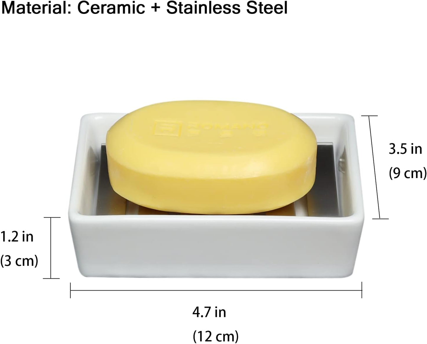 Soap Dish for Bar Soap, Bathroom Soap Holder for Shower, White Ceramic Soap Tray with Stainless Steel Draining Holder