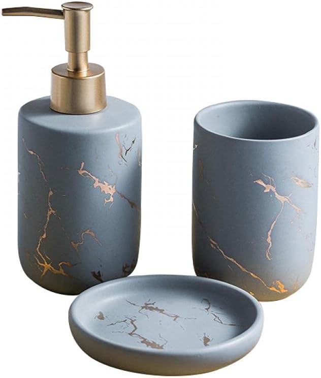 Ceramics Creative Golden Black Marble Pattern Marble Bathroom Accessories Set,3 Pieces Include Soap Dispenser, Tumblers,Soap Dish,4 Pieces Set Bathroom Accessories (Gray（Three Piece）)