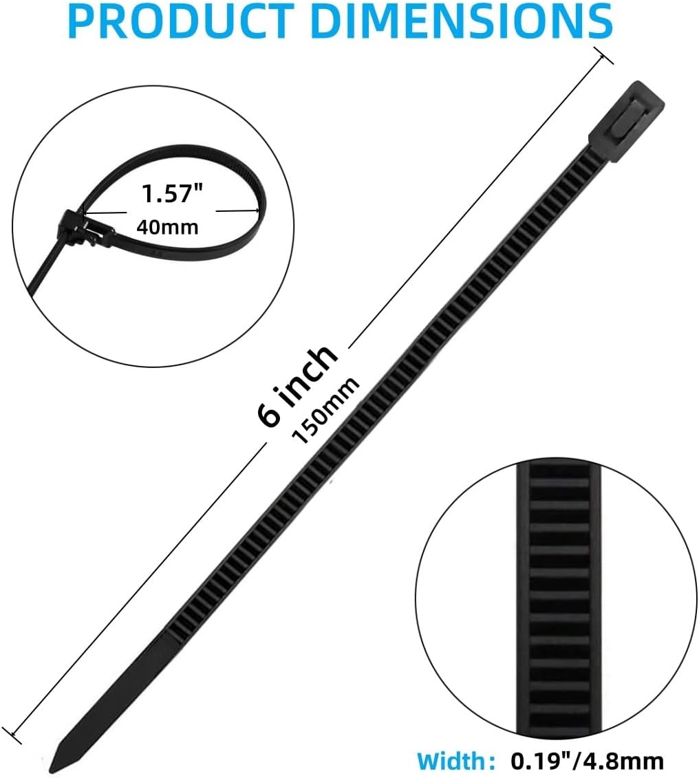Reusable Cable Ties 6 Inch 100 PCS Black Heavy Duty, Releasable Adjustable Nylon Zip Ties with 36lbs Tensile Strength for Indoor and Outdoor Multipurpose Use