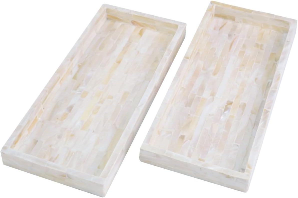 PEMAR Set of 2 Mother of Pearl Vanity Tray for Bathroom Counter, 11" Wooden Organisation Valet Tray for Perfume Makeup Bedroom Dresser Kitchen Sink Countertop Organizer, Toilet Tank (White Tiles)