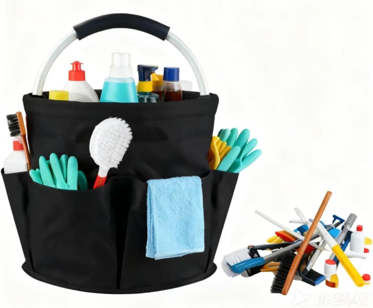 17L Cleaning Caddy With Handle, Foldable Storage Cleaning Product Organizer, Cleaning Caddy Organiser, Outdoor Camping，Portable Multifunctional Cleaning Bucket tool Bag Organizer (black)