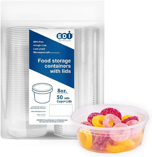 EDI [8 OZ, 50 Sets] Plastic Deli Food Storage Containers with Airtight Lids | Microwave-, Freezer-, Dishwasher-Safe | BPA Free | Heavy-Duty | Meal Prep | Leakproof | Recyclable