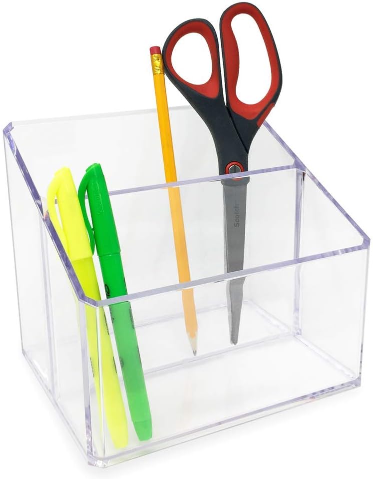 Isaac Jacobs Clear Acrylic 2-Section Organizer, Remote Holder & Multi-Functional Makeup, Brush, Pen & Pencil Storage Solution, for The Home, Bathroom, Office, Child’s Desk (2-Section, Clear)