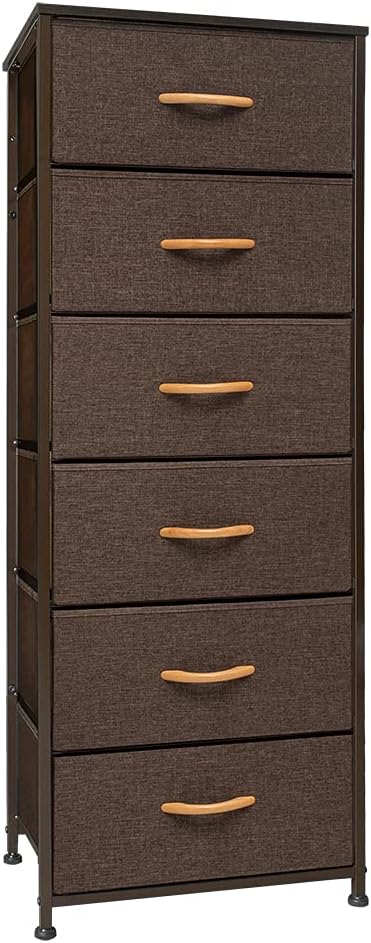 Crestlive Products Vertical Dresser Storage Tower - Sturdy Steel Frame, Wood Top, Easy Pull Fabric Bins, Wood Handles - Organizer Unit for Bedroom, Hallway, Entryway, Closets - 6 Drawers (Brown)