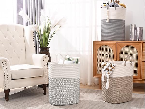 Woven Laundry Basket for Clothes, 80L Large Rectangle Laundry Hampers with Beads Tassel, Nursery Storage Basket for Toys, Tall Dirty Clothes Hamper for Bedroom Aesthetic, Laundry Room Organization