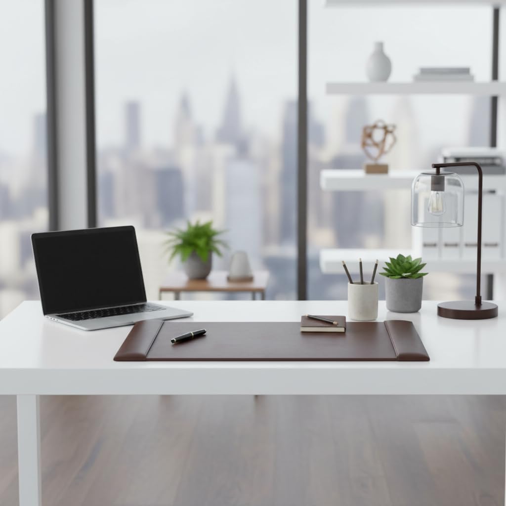 DACASSO 30 x 18, Brown Bonded Leather Desk Pad with Side Rails - Luxury Leather Desk Blotter for Writing