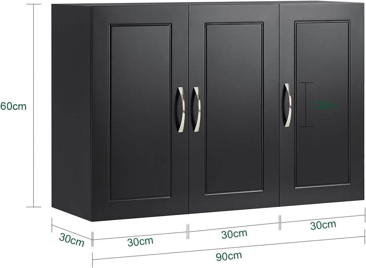 SoBuy Wall Cabinet Laundry Room, Medicine Cabinet for Bathroom Kitchen Garage, 3 Doors Wall Storage Cabinet with Adjustable Shelf, Black FRG231-L-SCH