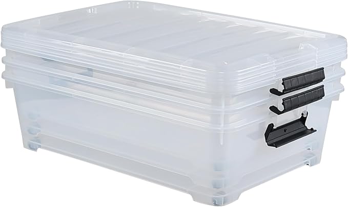 Hespama 25 Quart Clear Plastic Underbed Storage Bin with Wheels, 3 Pack