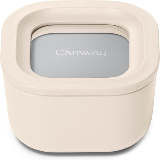 Caraway Mini Square Food Storage Container - 1.75 Cup Glass Storage Container for Food - Non-Toxic Ceramic-Coated Glass - Air Release Technology - Compact & Stackable Design - Cream