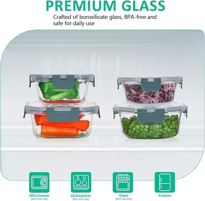 [6-piece set] Glass food preparation and storage containers with lids that provide a good seal. Glass lunch boxes that are microwave, oven, freezer, dishwasher safe. (Round)