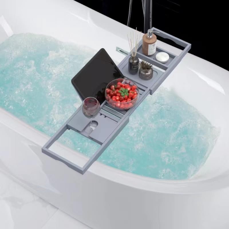 Foldable Bathtub Tray - Expandable Bamboo Bath Caddy Tray for Tub - Luxury Wood Bath Accessories, Perfect Spa Experience for New Home - Unique House Warming Gifts for Mom, Women, Couples