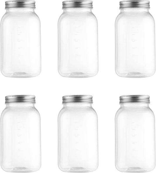 novelinks 32 oz Plastic Food Storage Jars with Metal Lids – 6 Pack BPA-Free Clear Airtight Containers for Pantry, Spices, Snacks, Kitchen & Bathroom Organization – Leak-Proof Reusable Jars (Silver)