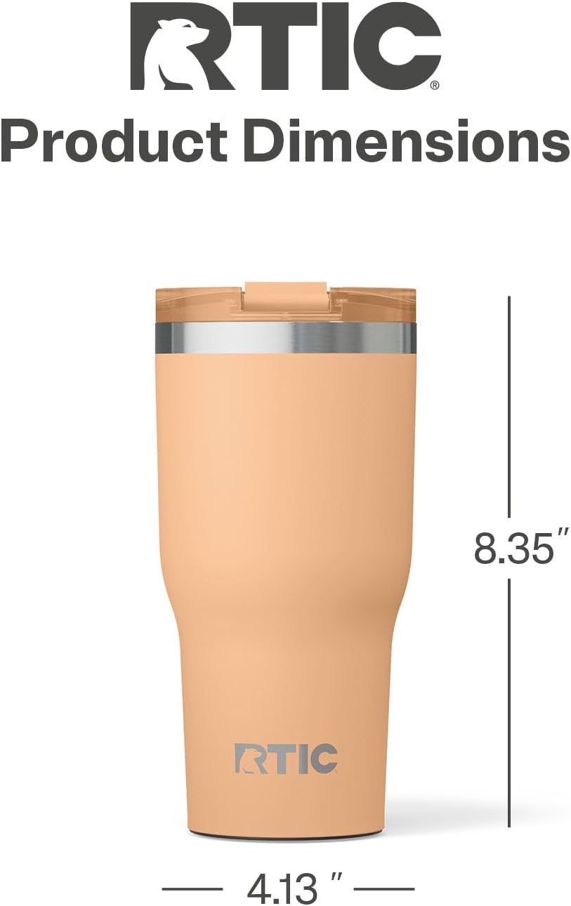 RTIC 30oz Essential Tumbler with Lid, Ceramic Lined, Insulated, Stainless Steel, Metal, Double Wall Vacuum-Insulation, Travel Cup for Iced Coffee, Tea, Hot and Cold Drink, Peach Tea