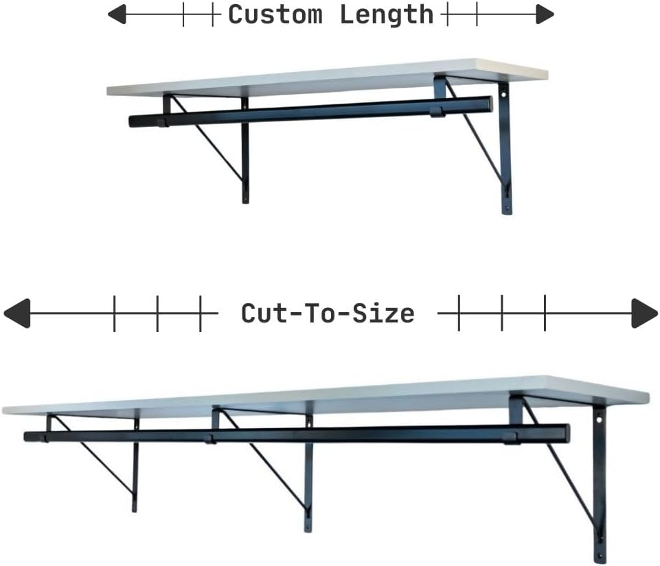 Custom Cut-to-Size Premium Wall-Mounted Shelf with Rod and Bracket Kit. 3/4" Thick Shelves, 14 inches deep. Customize The Length from 16" up to 72".