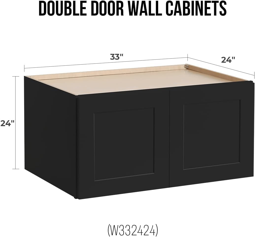 Solid Wood Wall Cabinet,Shaker Style Wall-Mounted Kitchen Storage Cabinet with Soft-Close Doors, RTA Pantry Organizer for Bathroom, Garage, Laundry (Charcoal Black, 33" W x 24" D x 12" H)
