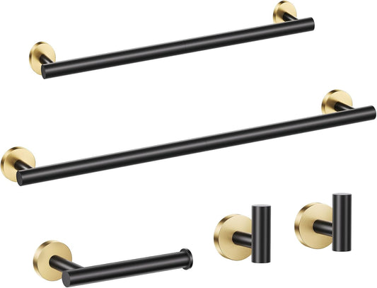 5 Pieces Black Gold Bathroom Hardware Set, 23.6 Inches Bathroom Towel Rack Set Bath Towel Bar Set, SUS304 Stainless Steel Bathroom Accessories Kit Wall Mounted